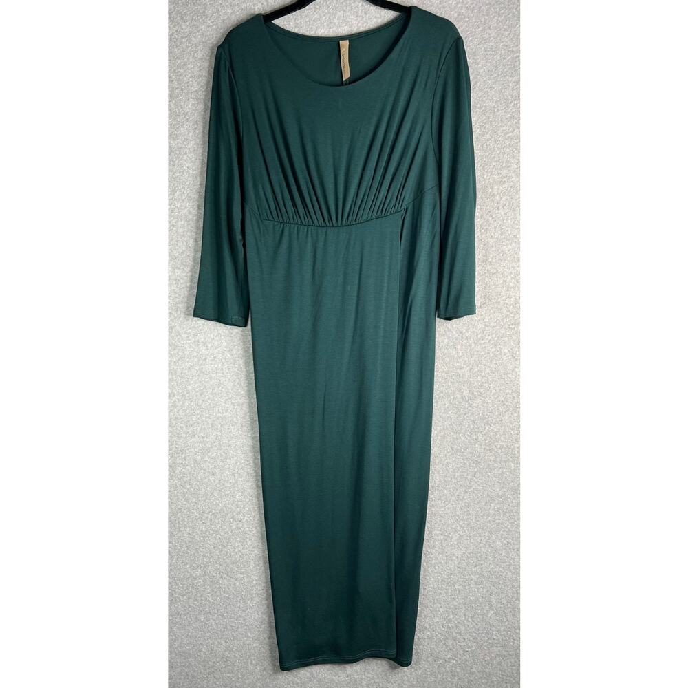 S Twelve Green Bodycon Midi Dress L Empire Waist Ruched 3/4 Sleeve Stretch USA